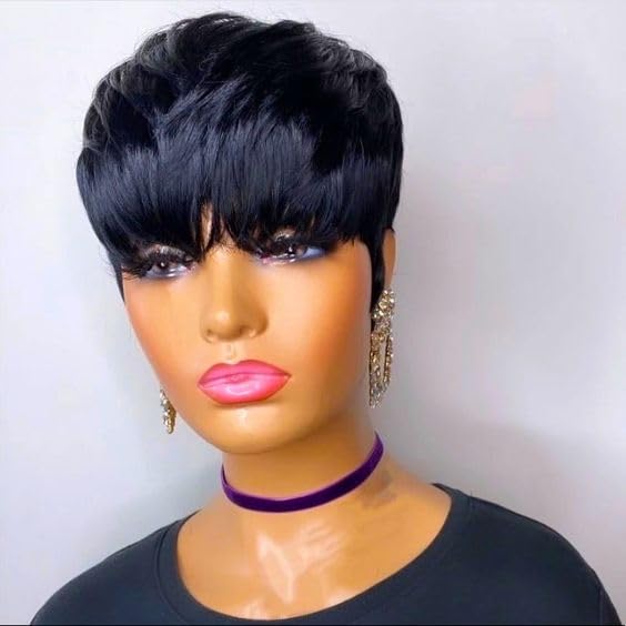 Flandi Pixie Cut Wig Human Hair Short Pixie Cut Wigs for Black Women Human Hair Glueless Pixie Wig Short Layered Brazilian Virgin Human Hair Wigs For Women Color 1B#