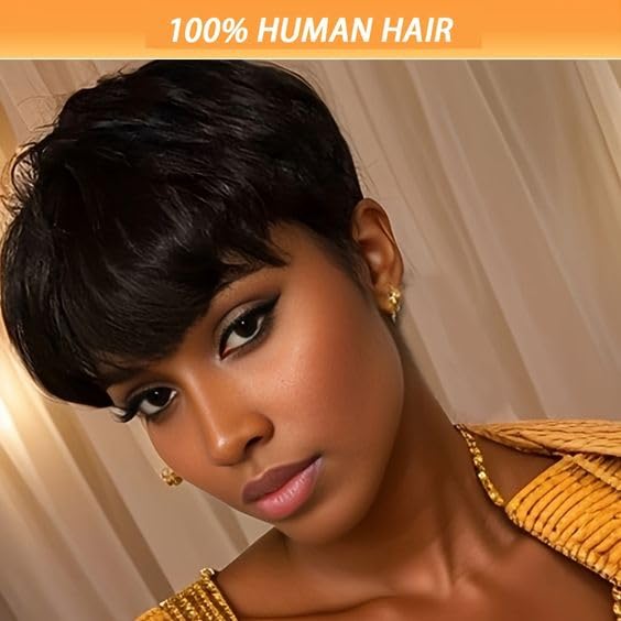 Flandi Pixie Cut Wig Human Hair Short Pixie Cut Wigs for Black Women Human Hair Glueless Pixie Wig Short Layered Brazilian Virgin Human Hair Wigs For Women Color 1B#