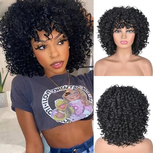 Sabosi Black Curly Afro Wig for Women, Kinky Wigs for Black Women, Synthetic Natural Synthetic Curly Wig with Bangs