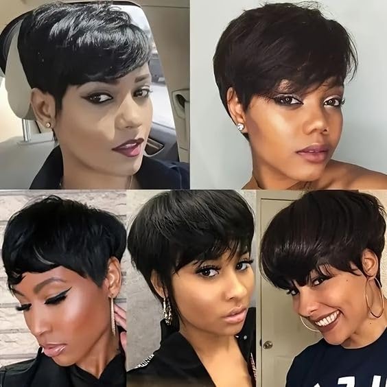 Flandi Pixie Cut Wig Human Hair Short Pixie Cut Wigs for Black Women Human Hair Glueless Pixie Wig Short Layered Brazilian Virgin Human Hair Wigs For Women Color 1B#