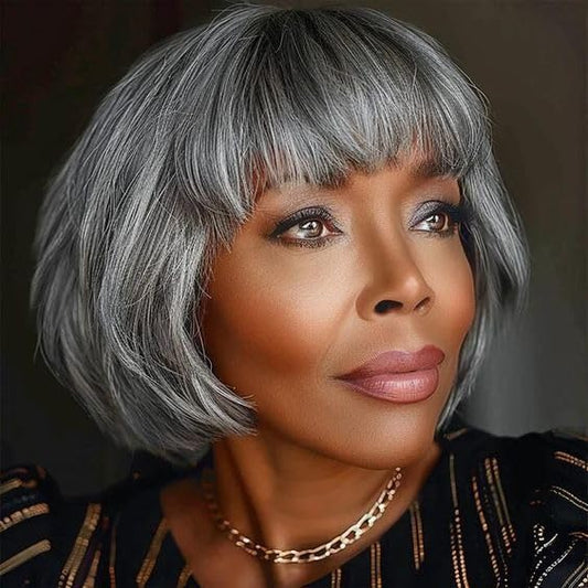 WEEWEE 10" Short Glueless Bob Salt and Pepper 100% Human Hair with Bangs Grey Lace Front Wigs for Women Wavy Short Bob Layered Wigs Natural Looking for Daily Party Use(Salt Pepper)