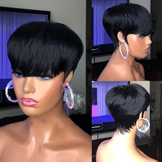 Flandi Pixie Cut Wig Human Hair Short Pixie Cut Wigs for Black Women Human Hair Glueless Pixie Wig Short Layered Brazilian Virgin Human Hair Wigs For Women Color 1B#