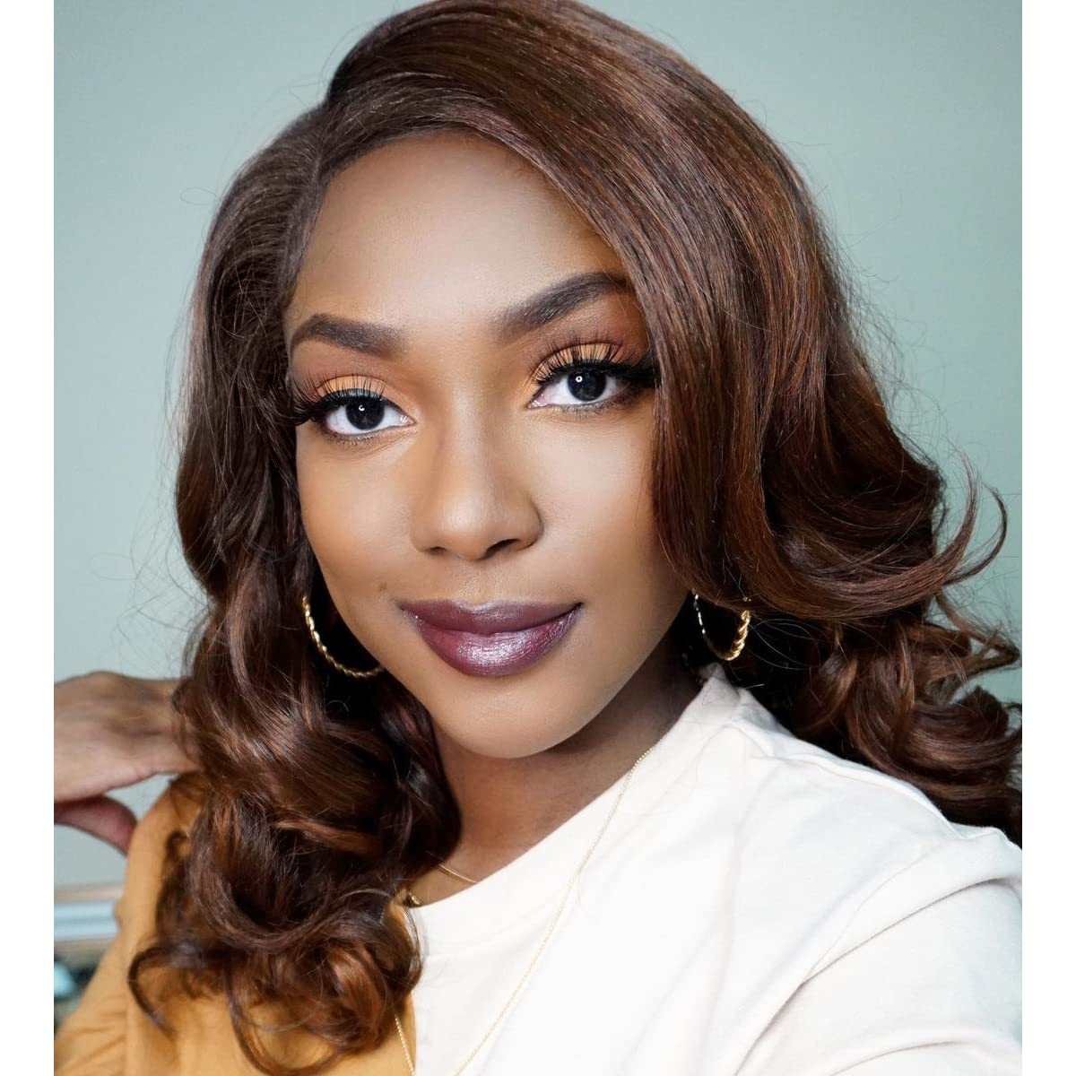 FANCEE Short Body Wavy Wig Curly Loose Wave Wigs Big Curly Lady Side Part Shoulder Length Wigs Synthetic Wig for Black Women (Mixed Brown)