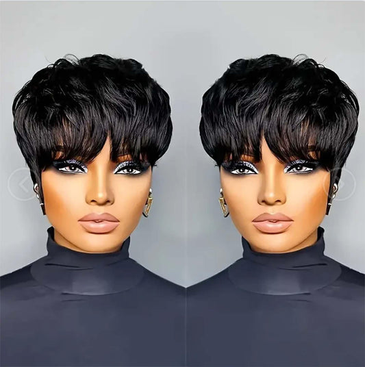 Flandi Pixie Cut Wig Human Hair Short Pixie Cut Wigs for Black Women Human Hair Glueless Pixie Wig Short Layered Brazilian Virgin Human Hair Wigs For Women Color 1B#