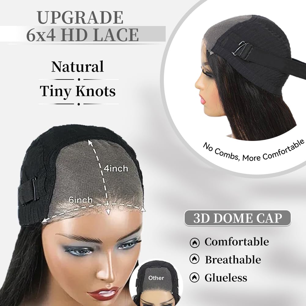 Wear and Go Glueless Wigs Human Hair Pre Plucked Pre Cut 6x4 Straight Lace Front Wigs Human Hair Wigs for Women No Glue Hd Lace Front Closure Ready to Wear Wigs 180% Density 20 Inch Natural Black