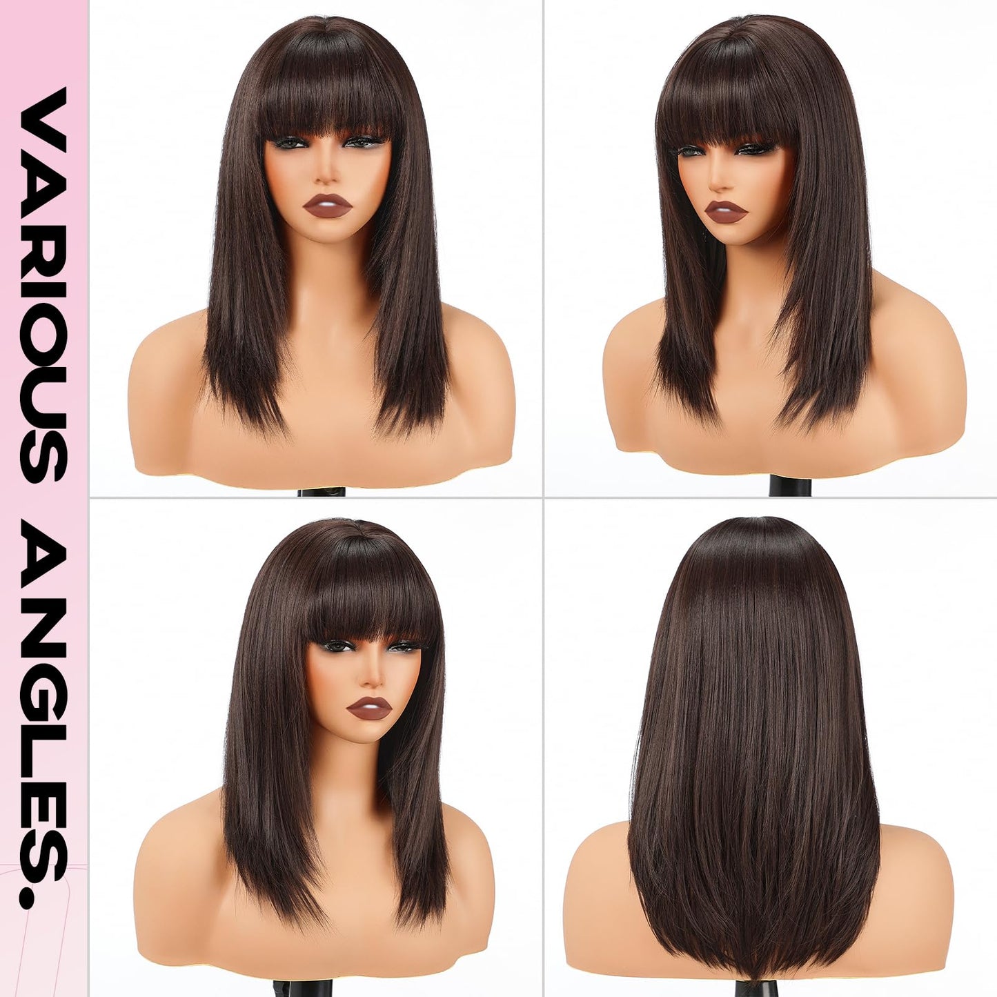 topshe Brown Wigs with Bangs Layered Straight Shoulder Length Glueless Wig Heat Resistant Synthetic Hair for Women Daily Use 18 Inch