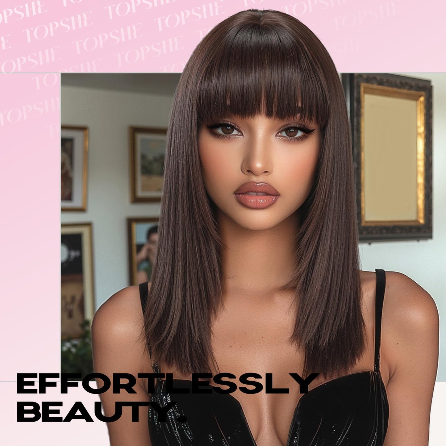 topshe Brown Wigs with Bangs Layered Straight Shoulder Length Glueless Wig Heat Resistant Synthetic Hair for Women Daily Use 18 Inch