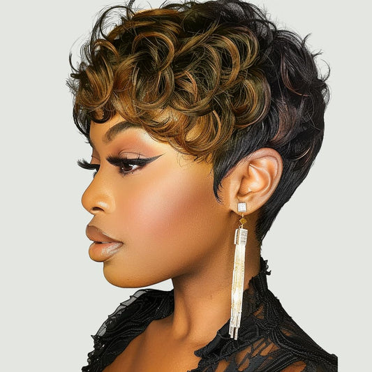 MUJGOO ombre pixie cut wigs for black women 6inch short pixie wigs for black women linen short curly wigs with bangs short brown wig Black and Brown Ombre Wig(Black and brown)