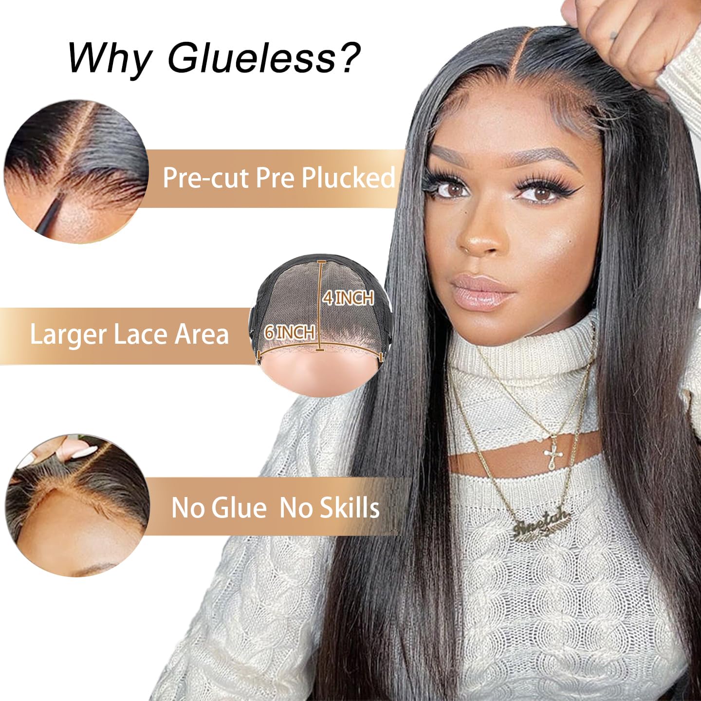 Wear and Go Glueless Wigs Human Hair Pre Plucked Pre Cut 6x4 Straight Lace Front Wigs Human Hair Wigs for Women No Glue Hd Lace Front Closure Ready to Wear Wigs 180% Density 20 Inch Natural Black