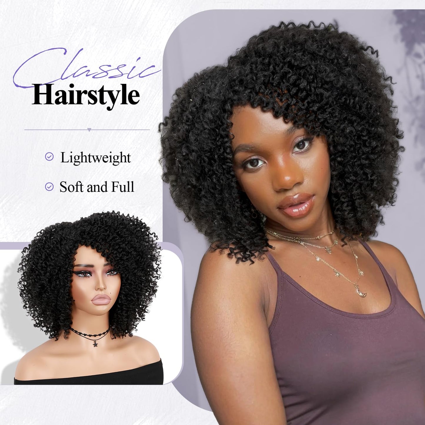 Hanne Fashion Short Kinky Curly Wigs Black Side Part Wig Afro Curly Wig Twist Out Wig African American Wigs Heat Resistant Fiber Synthetic Full Wigs for Black Women (1B)
