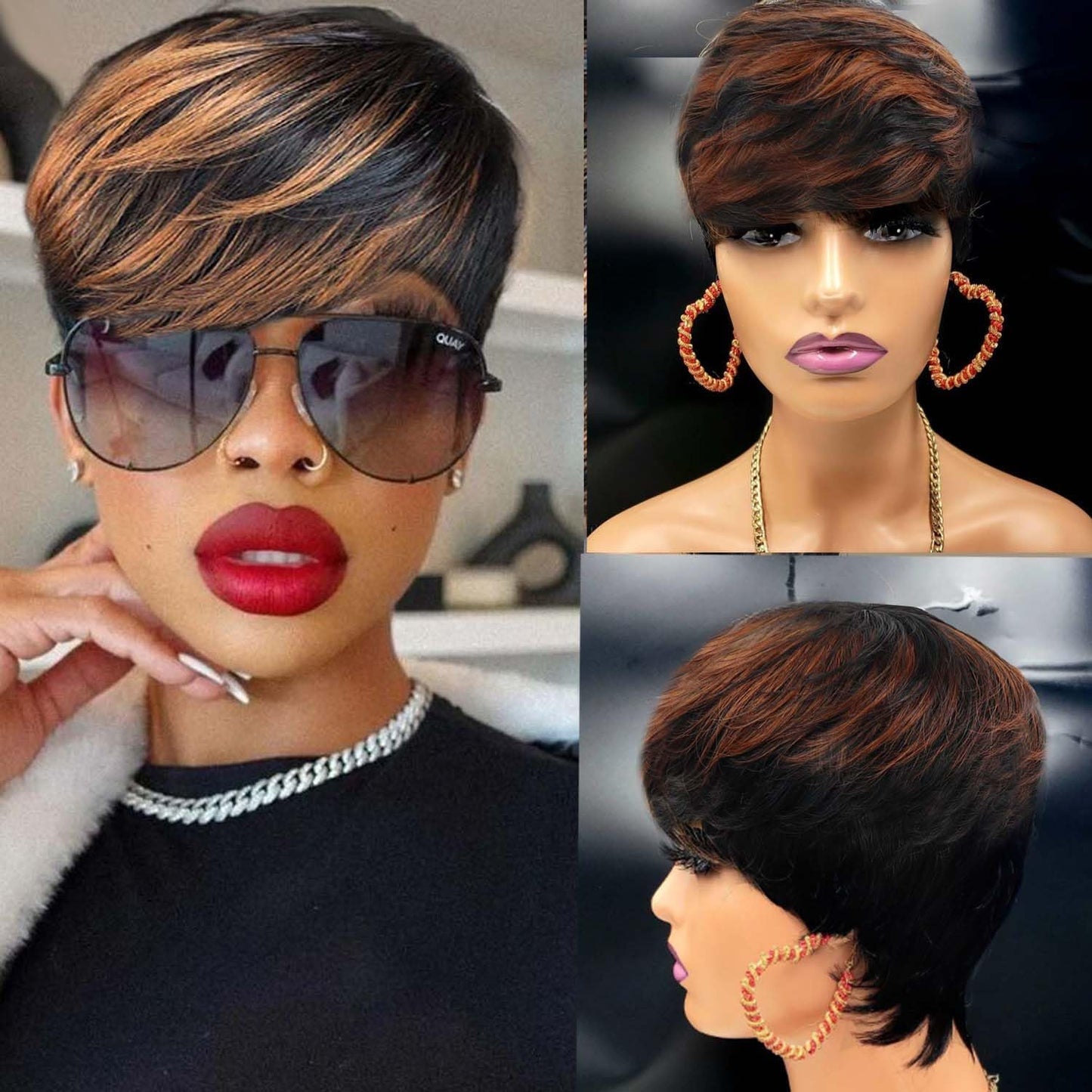 Yviann Short Human Hair Wigs for Black Women Glueless Pixie Wig Human Hair Layered Wavy Wigs with Bangs Pixie Curly Glueless Wigs Black with Brown F1B/33#