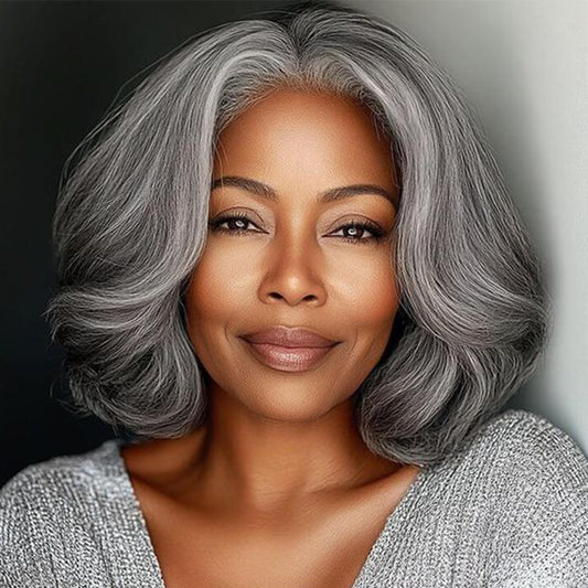 WEEWEE 14" Short Bob Wigs for Women Glueless Bob Salt and Pepper 100% Human Hair 4x4 Closure HD Transparent Lace Front Middle Part Wigs for Women(Salt Pepper)