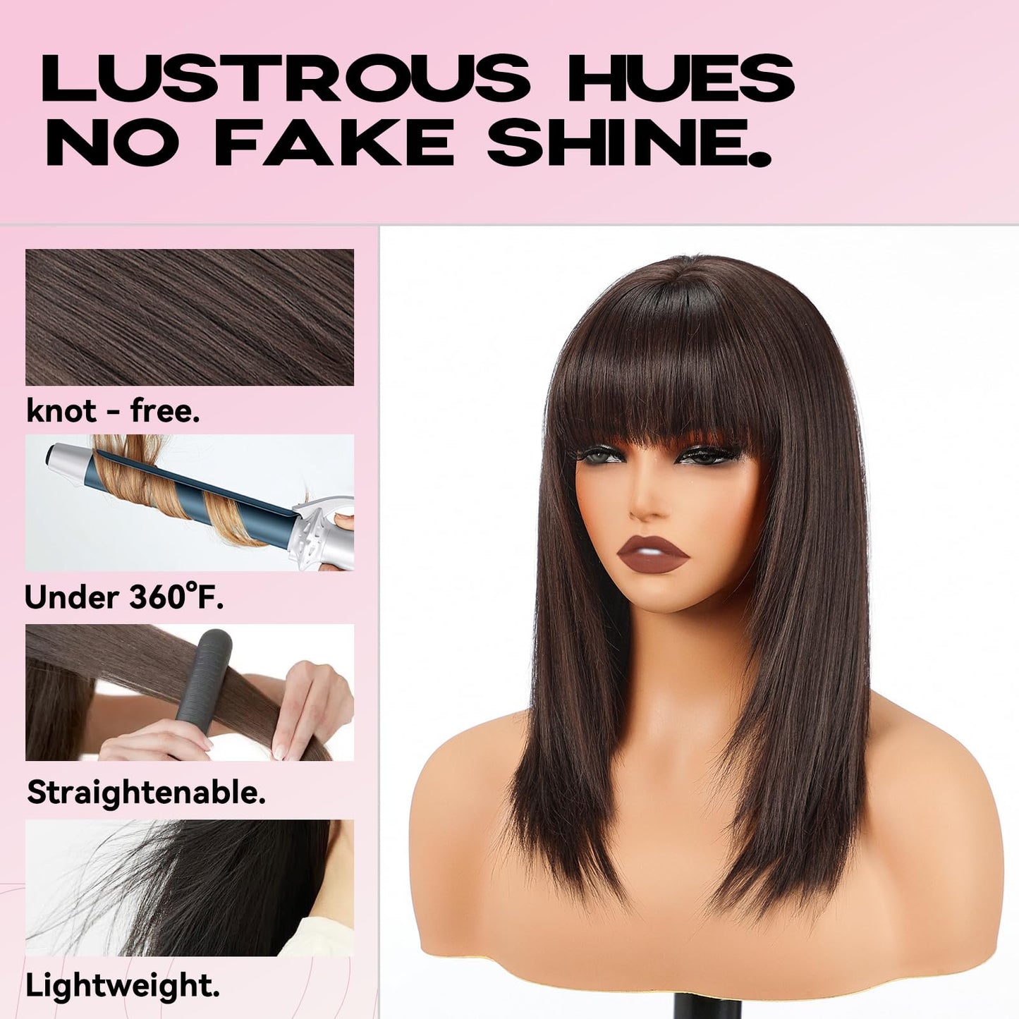 topshe Brown Wigs with Bangs Layered Straight Shoulder Length Glueless Wig Heat Resistant Synthetic Hair for Women Daily Use 18 Inch