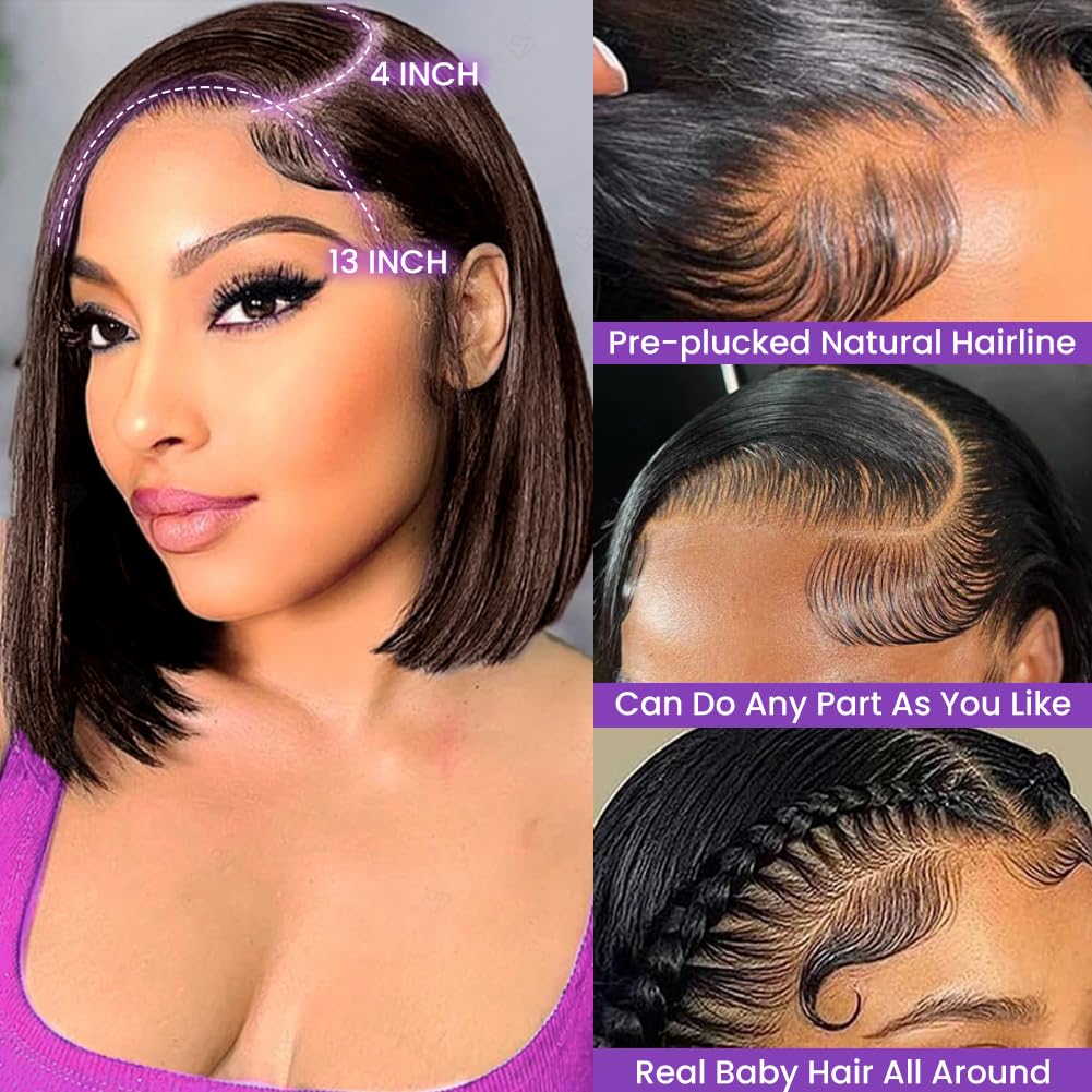 Dark Brown Bob Wig Human Hair 13X4 Lace Front Wigs Human Hair 180% Density Short Straight Frontal Bob Wig Pre Plucked for Women HD Transparent Lace Frontal wigs With Baby Hair Dark Brown Color 16 Inch