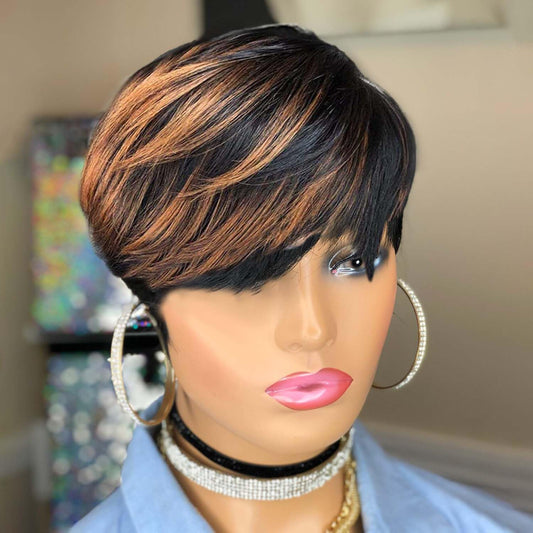 Yviann Short Human Hair Wigs for Black Women Glueless Pixie Wig Human Hair Layered Wavy Wigs with Bangs Pixie Curly Glueless Wigs Black with Brown F1B/33#