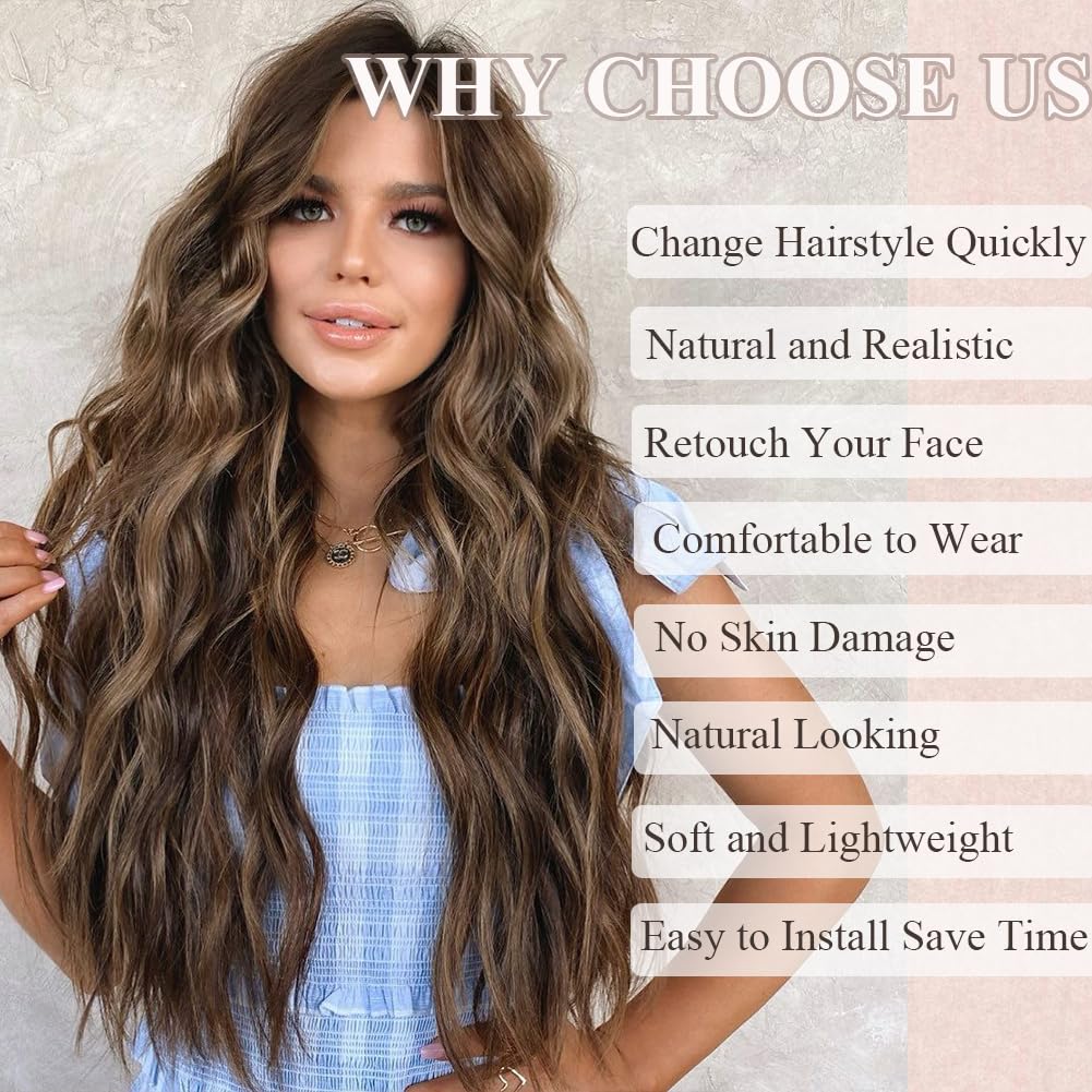 Colorful Queen Blonde Highlight Wigs for Women 26 Inch Long Wavy Brown Wigs for Women Middle Part Curly Synthetic Lace Wig for Cosplay Daily Use