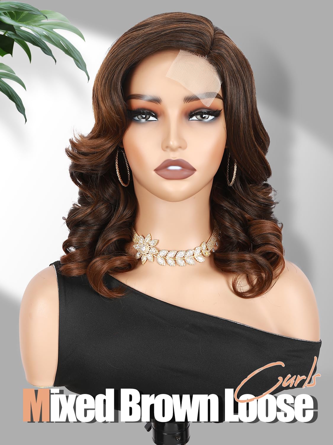 FANCEE Short Body Wavy Wig Curly Loose Wave Wigs Big Curly Lady Side Part Shoulder Length Wigs Synthetic Wig for Black Women (Mixed Brown)