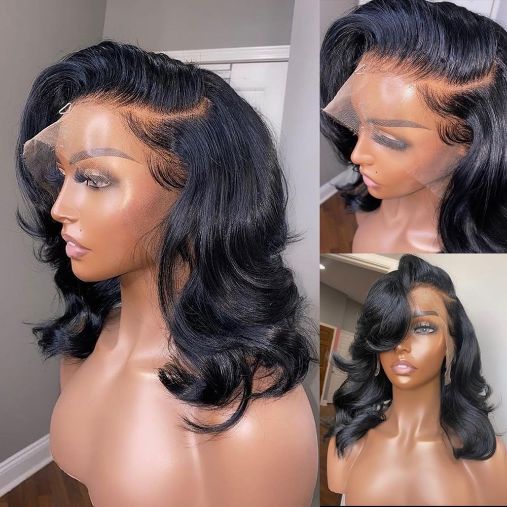 Bob Wig Human Hair 13x4 Body Wave HD Lace Front Wigs Human Hair Pre Plucked Jolanly Wavy Bob Wigs for Women Short Bob Wigs Brazilian Loose Wave Wear and Go Human Hair Wig 180% Density 12 Inch