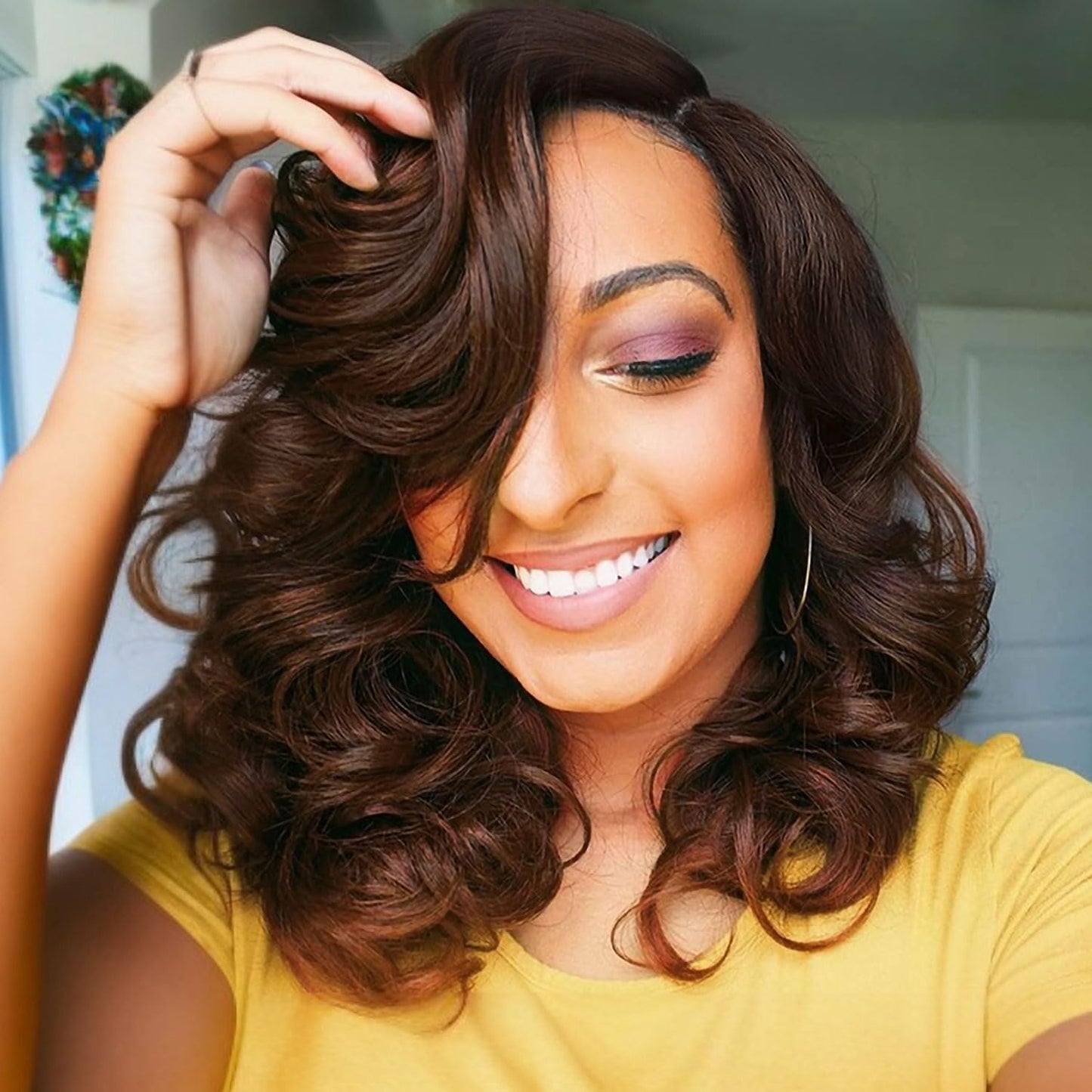 FANCEE Short Body Wavy Wig Curly Loose Wave Wigs Big Curly Lady Side Part Shoulder Length Wigs Synthetic Wig for Black Women (Mixed Brown)