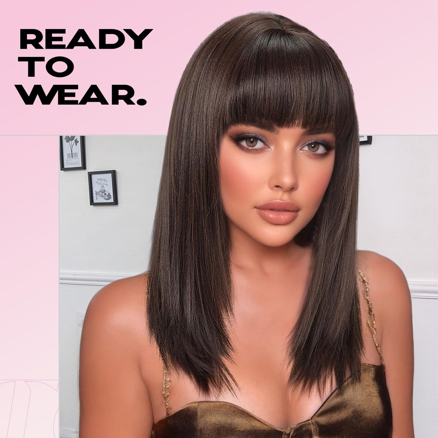 topshe Brown Wigs with Bangs Layered Straight Shoulder Length Glueless Wig Heat Resistant Synthetic Hair for Women Daily Use 18 Inch
