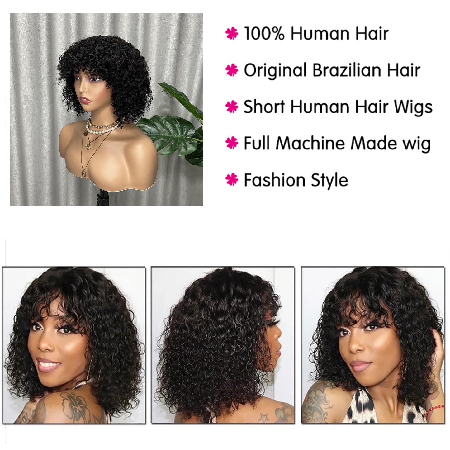 Besteffie Short Curly Wigs With Bangs Water Wave Wig Human Hair Wigs For Black Women Short Curly Bob Wig 100% Brazilian Virgin Human Hair 8 Inch None Lace Machine Made Wig