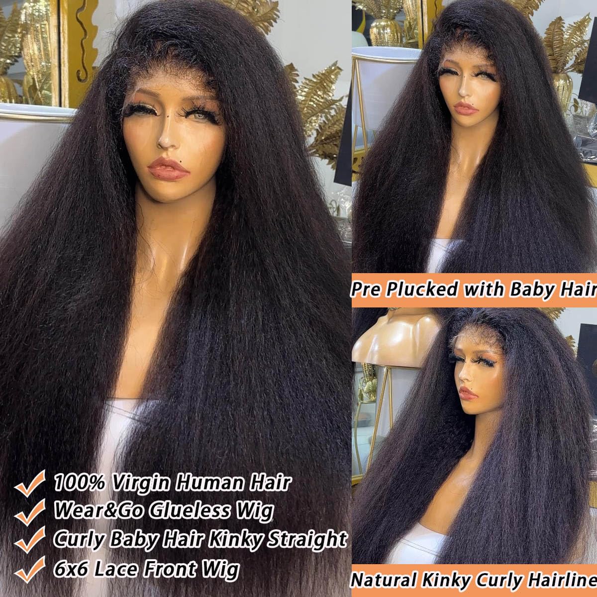 180% Density Pre Cut 6x6 HD Lace Closure Wigs 4C Kinky Curly Edges Hairline Wear and Go Glueless Wig Kinky Straight Lace Front Wigs Real No Glue Wig (20 inch, Glueless 6X6 HD lace 4C Edges Wig)