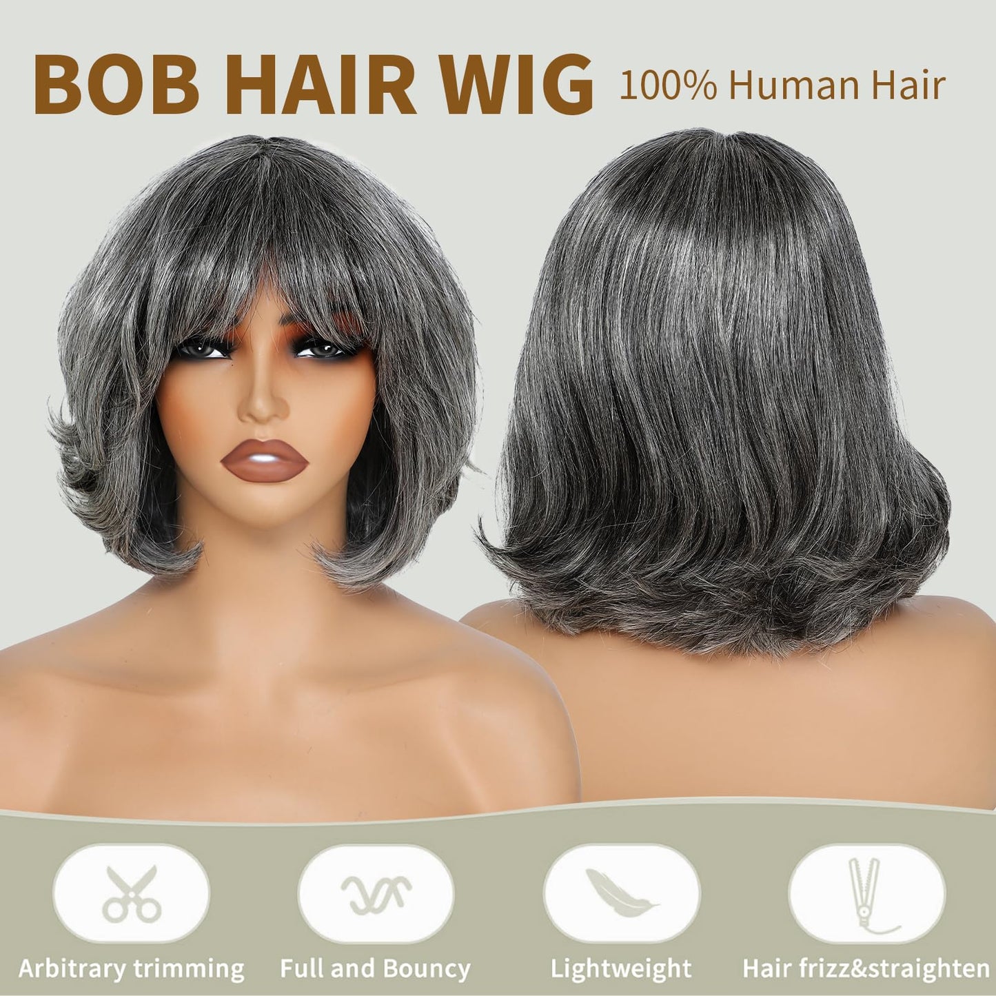 WEEWEE 10" Short Glueless Bob Salt and Pepper 100% Human Hair with Bangs Grey Lace Front Wigs for Women Wavy Short Bob Layered Wigs Natural Looking for Daily Party Use(Salt Pepper)