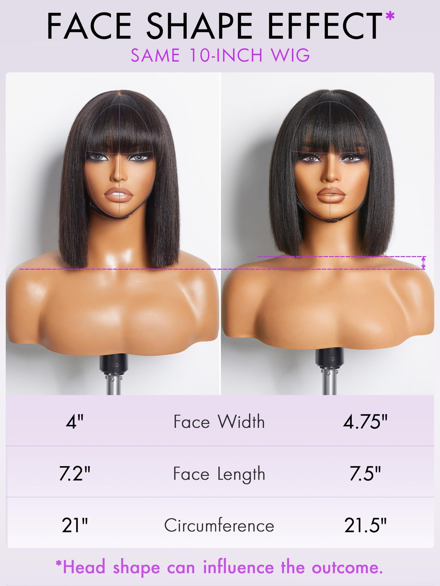 LUVME HAIR 10 Inch Yaki Straight Bob Wig with Bangs Human Hair Glueless HD Lace Bob Wig with Brown Highlights, Ready to Go Short Wigs For Women 180 Density (Breathable Cap)