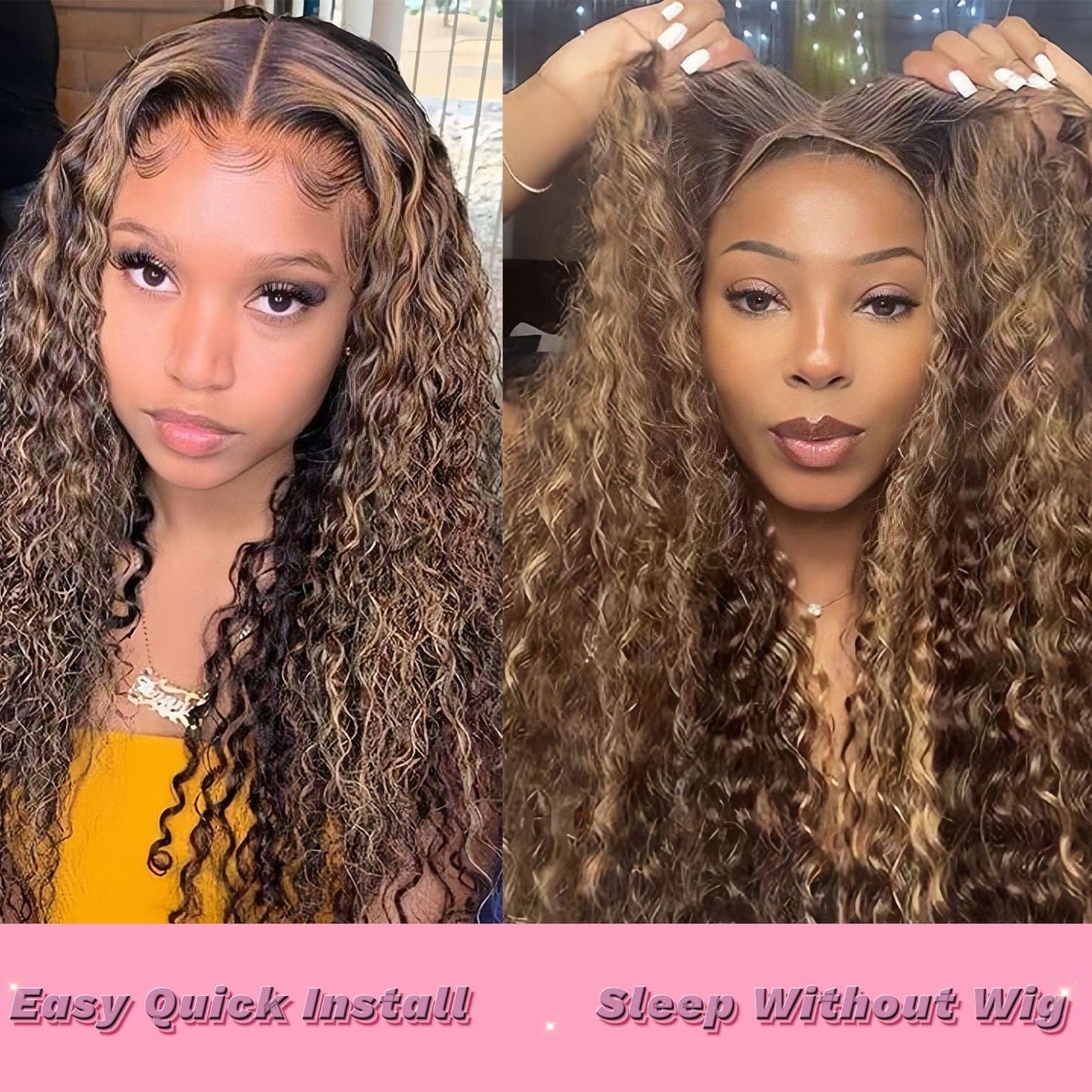 Wear and Go Glueless Wigs Human Hair Pre Plucked Pre Cut Highlight Ombre 4/27 Deep Wave Curly Wet and Wavy Lace Front Wigs for Black Women 5x5 HD Lace Closure Wigs (honey blonde 4/27, 16 Inch)