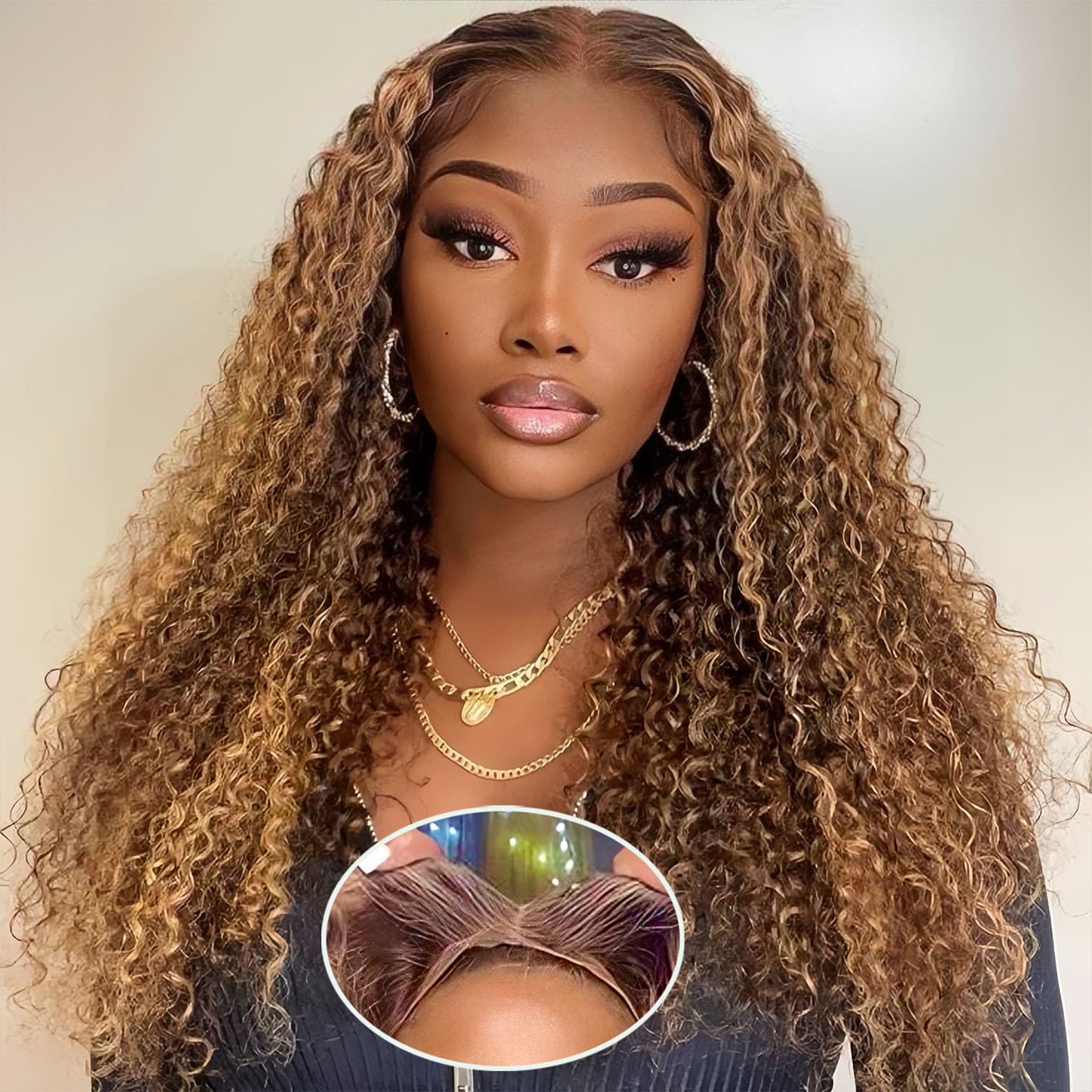 Wear and Go Glueless Wigs Human Hair Pre Plucked Pre Cut Highlight Ombre 4/27 Deep Wave Curly Wet and Wavy Lace Front Wigs for Black Women 5x5 HD Lace Closure Wigs (honey blonde 4/27, 16 Inch)