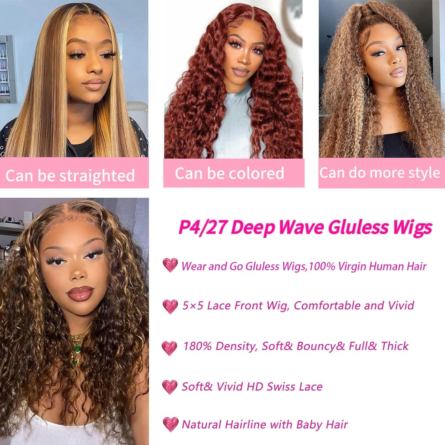 Wear and Go Glueless Wigs Human Hair Pre Plucked Pre Cut Highlight Ombre 4/27 Deep Wave Curly Wet and Wavy Lace Front Wigs for Black Women 5x5 HD Lace Closure Wigs (honey blonde 4/27, 16 Inch)