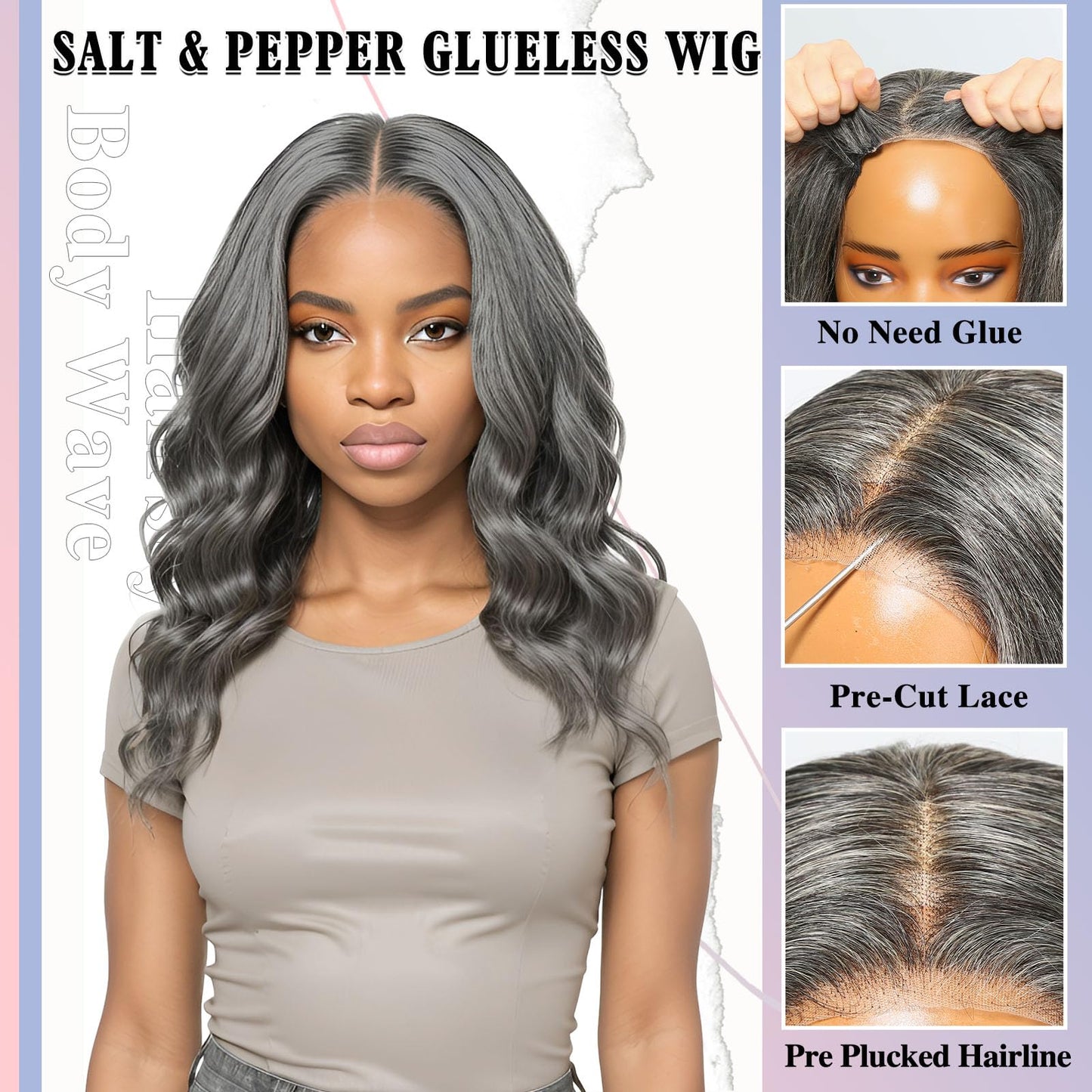HANASCC 16” Salt and Pepper Wig for Women Glueless Gray Wigs for Black Women Grey Lace Front Wigs Human Hair Pre Plucked Pre Cut 5x5 Gray Human Hair Wig for Women 180% Density