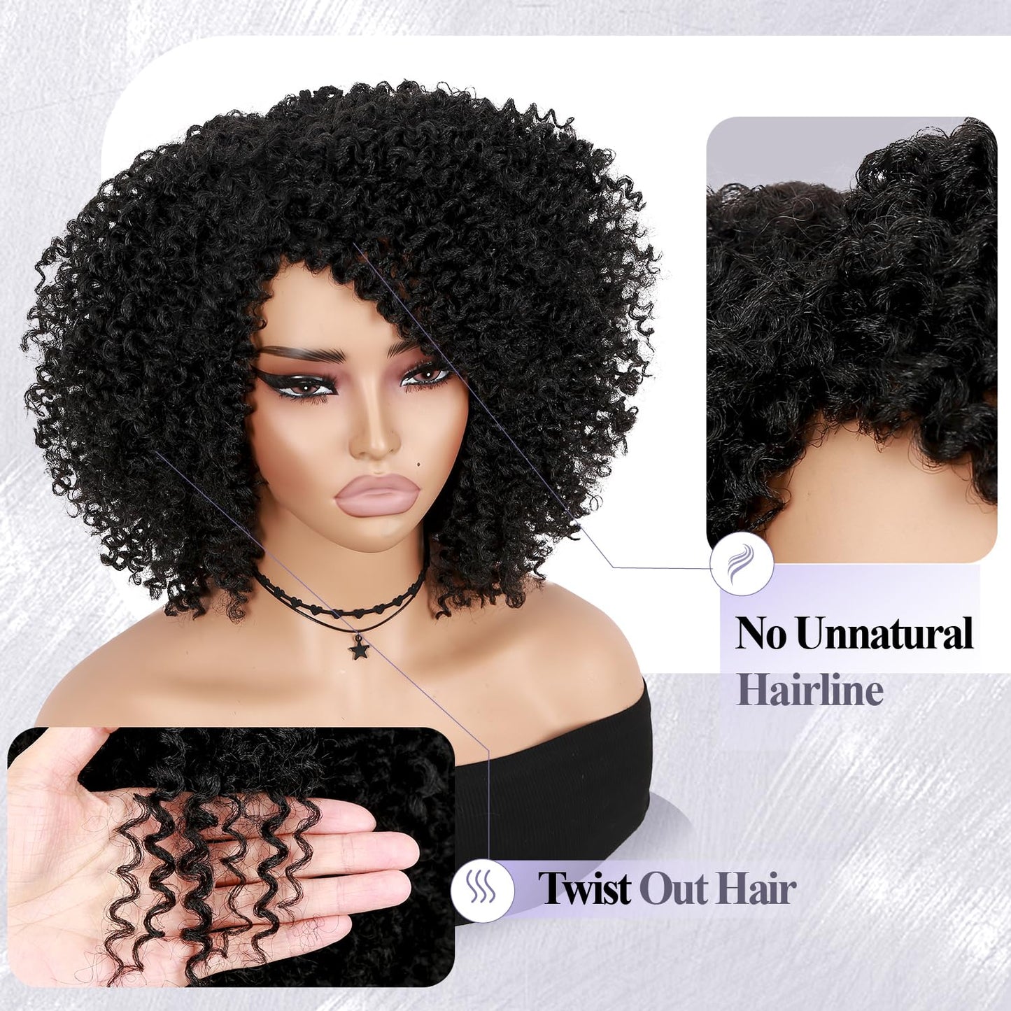 Hanne Fashion Short Kinky Curly Wigs Black Side Part Wig Afro Curly Wig Twist Out Wig African American Wigs Heat Resistant Fiber Synthetic Full Wigs for Black Women (1B)