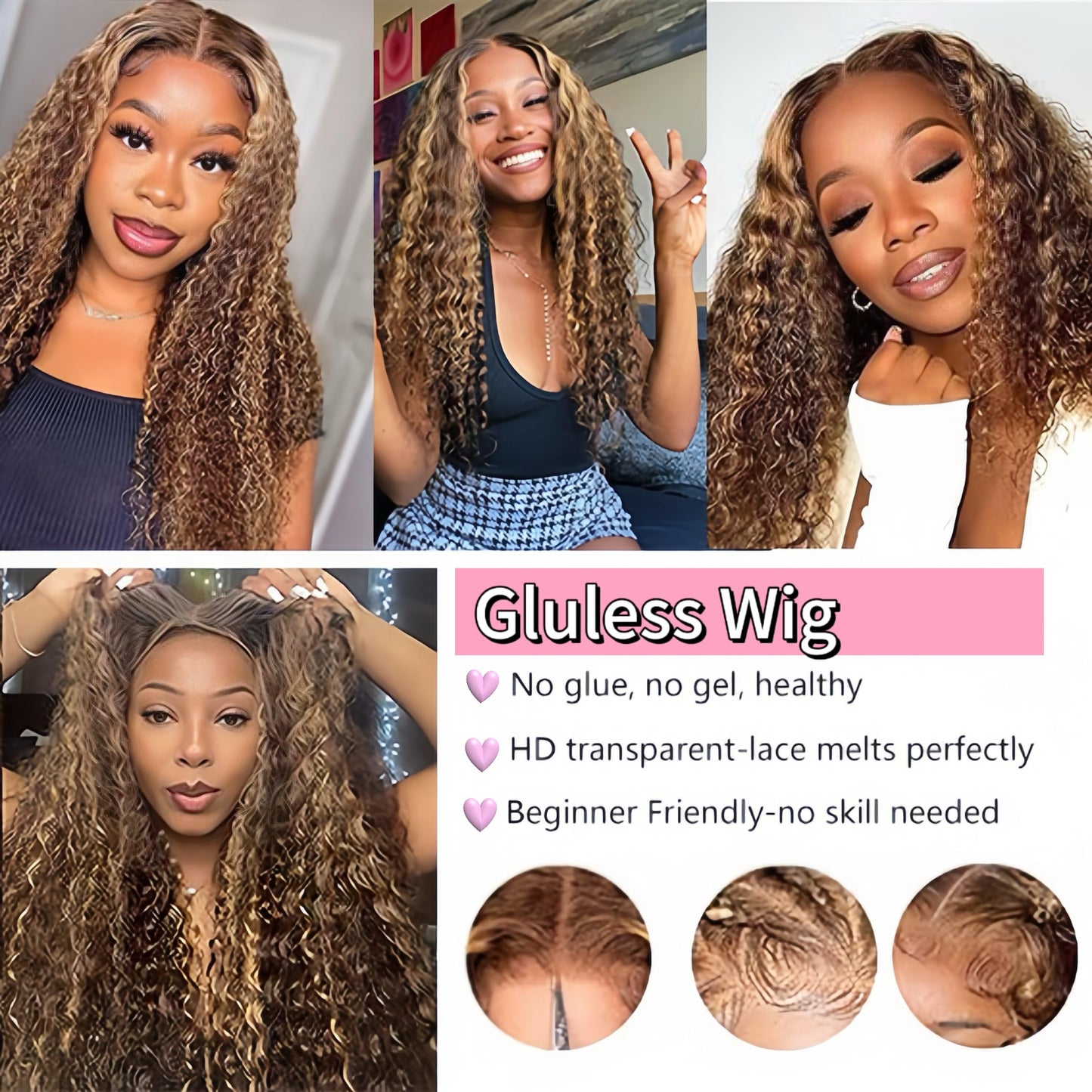 Wear and Go Glueless Wigs Human Hair Pre Plucked Pre Cut Highlight Ombre 4/27 Deep Wave Curly Wet and Wavy Lace Front Wigs for Black Women 5x5 HD Lace Closure Wigs (honey blonde 4/27, 16 Inch)