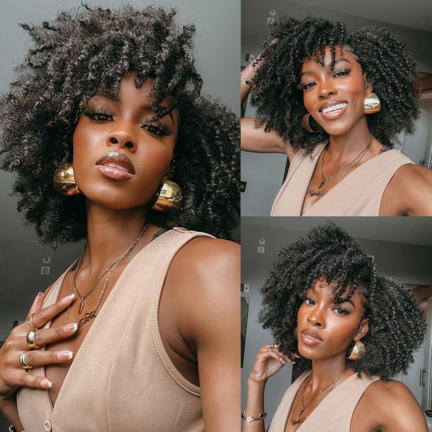 Hanne Fashion Short Kinky Curly Wigs Black Side Part Wig Afro Curly Wig Twist Out Wig African American Wigs Heat Resistant Fiber Synthetic Full Wigs for Black Women (1B)