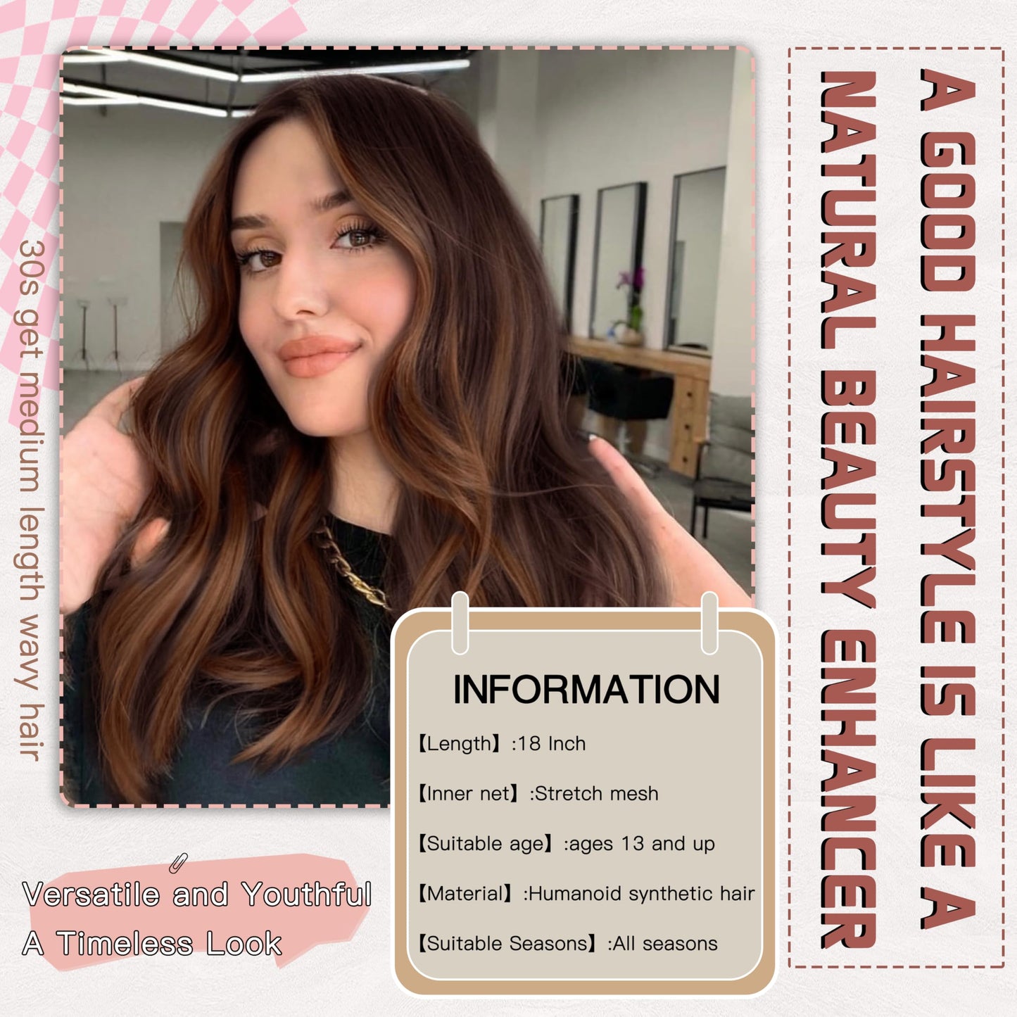 BUPPLER Brown Highlight Wig 18 Inch Medium Length Wigs for Women Middle Part Synthetic Hair Wavy Wig with Upgraded Strands,Natural Hair Wig for Daily Party/Halloween Use 18Inch,Brown Highlight