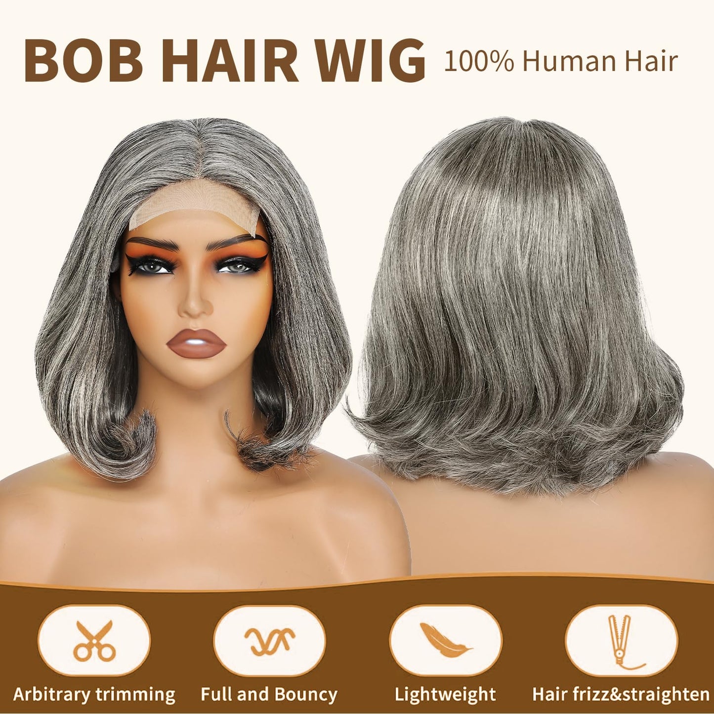 WEEWEE 14" Short Bob Wigs for Women Glueless Bob Salt and Pepper 100% Human Hair 4x4 Closure HD Transparent Lace Front Middle Part Wigs for Women(Salt Pepper)