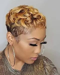 WOCWIG Short Curly Wigs for Black Women Dark Brown Short Cut Wigs Synthetic Pixie Cut Wig with Bangs Natural Wavy 8116