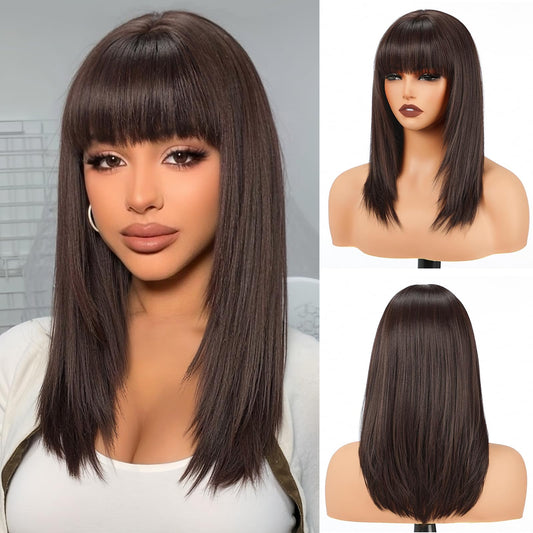 topshe Brown Wigs with Bangs Layered Straight Shoulder Length Glueless Wig Heat Resistant Synthetic Hair for Women Daily Use 18 Inch