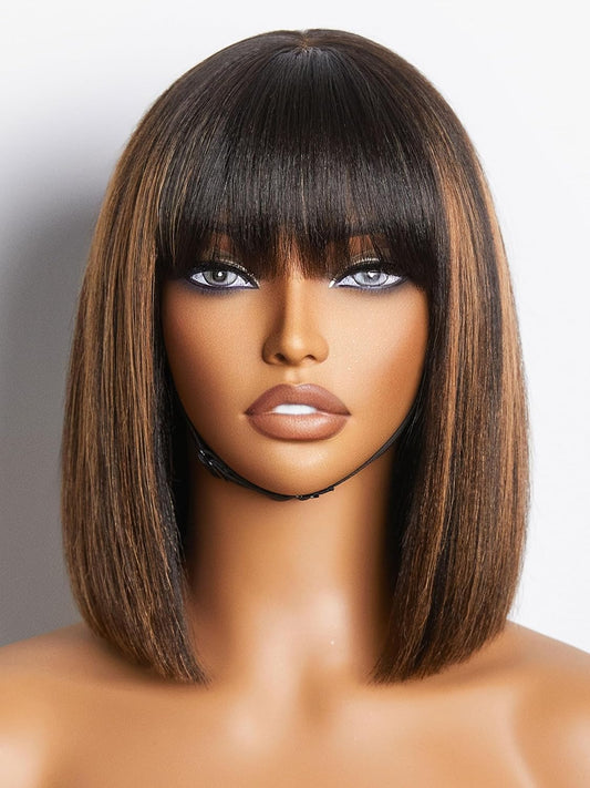 LUVME HAIR 10 Inch Yaki Straight Bob Wig with Bangs Human Hair Glueless HD Lace Bob Wig with Brown Highlights, Ready to Go Short Wigs For Women 180 Density (Breathable Cap)