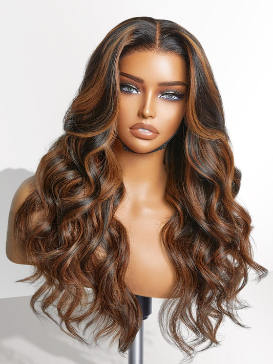 LUVME HAIR 5X5 Brown Highlight Loose Body Wave Glueless Human Hair Wig Pre Cut Lace Front Wig Pre Plucked Ready to Go Long Black Wig For Women (16 Inch & Precut Lace Color 1B/30)